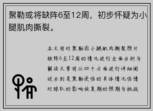 聚勒或将缺阵6至12周,初步怀疑为小腿肌肉撕裂。 聚勒或将缺阵6至12周,初步怀疑为小腿肌肉撕裂。