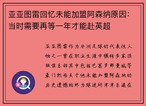 亚亚图雷回忆未能加盟阿森纳原因:当时需要再等一年才能赴英超 亚亚图雷回忆未能加盟阿森纳原因:当时需要再等一年才能赴英超